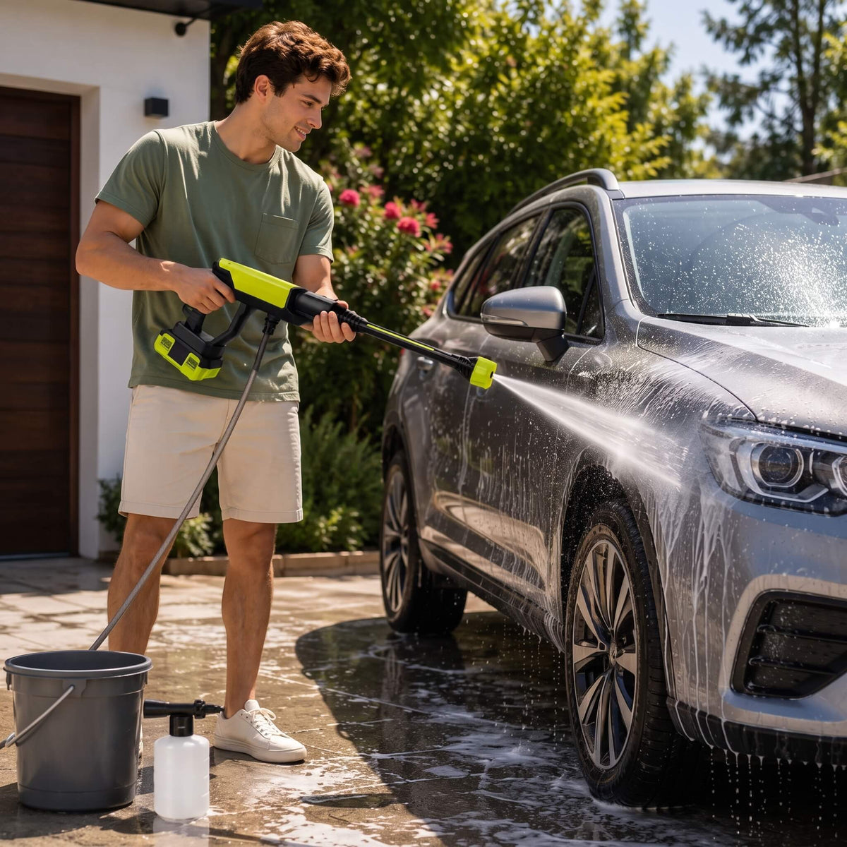 Washing a car with the Qulure cordless pressure washer