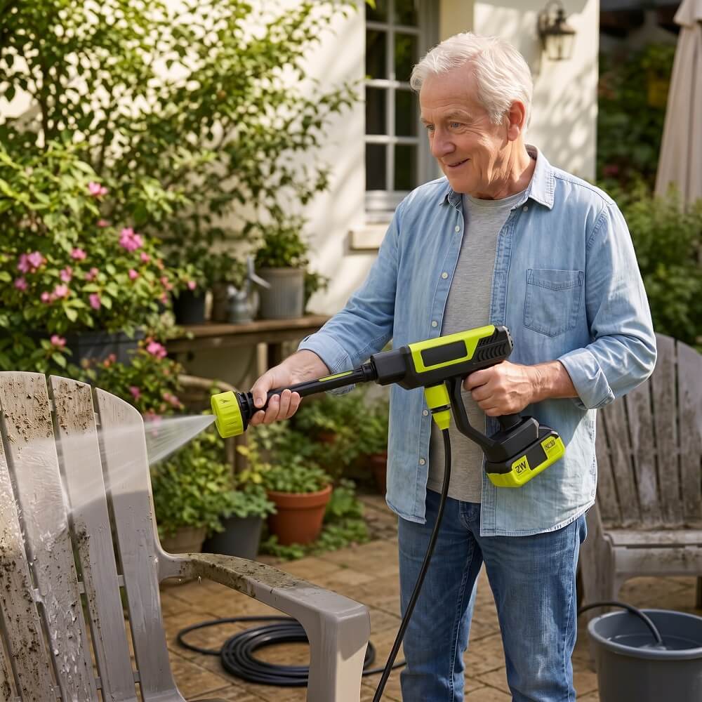 Using the Qulure cordless pressure washer in the garden