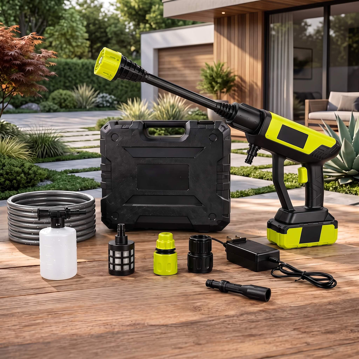 Complete Qulure cordless pressure washer kit with battery, hose, nozzle, foam bottle, and storage case